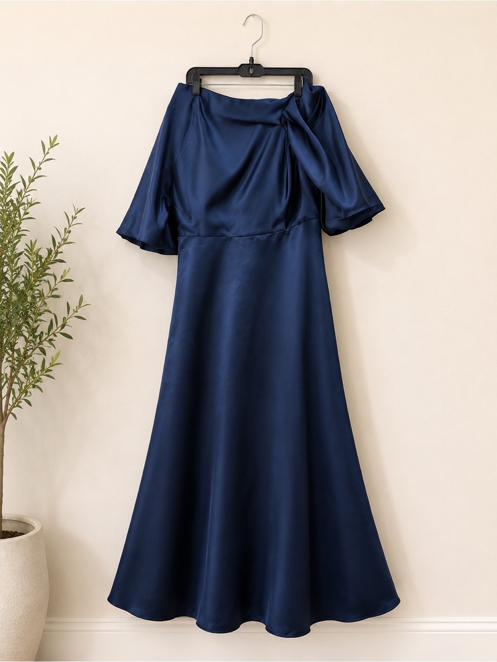 HEBEOS Navy Blue Satin Formal Gown Maxi Dress Medium M